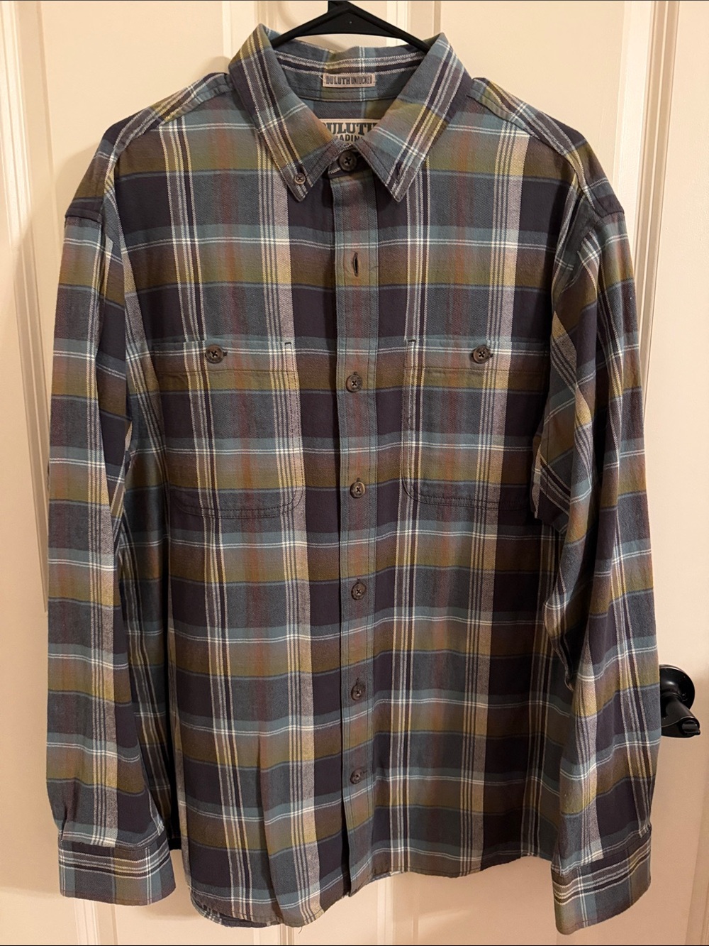 Duluth Trading Company Men's Plaid Button-Down Shirt in Blue and Olive